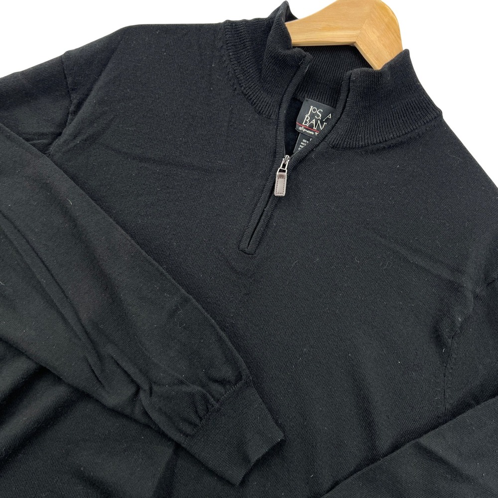 Jos A Bank Signature 1/4 Zip Sweater Mens Large Black Italian Merino Wool Luxury